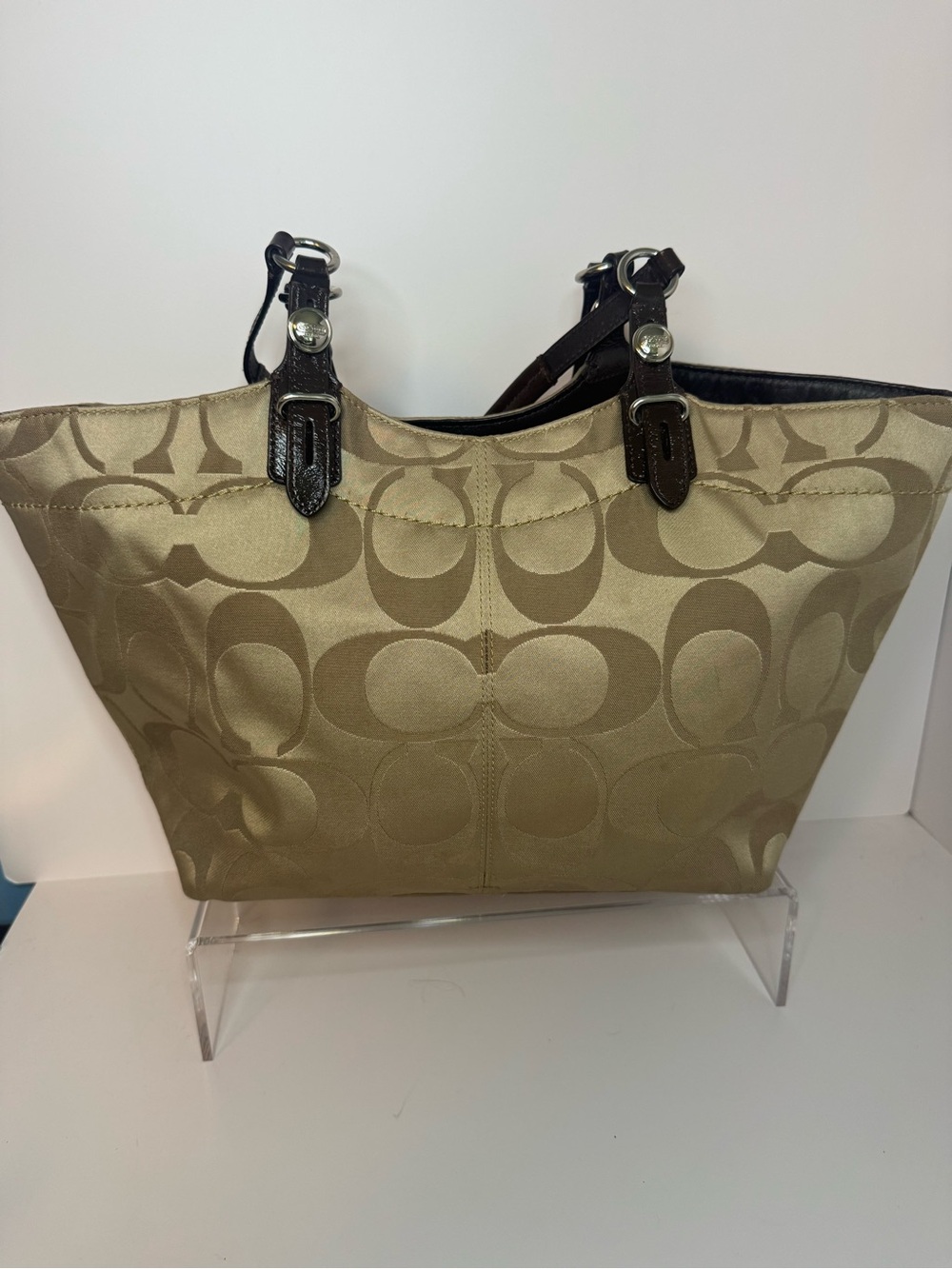 #342 Coach Signature Khaki Canvas Jacquard & Leather Tote Bag - Picture 5 of 16